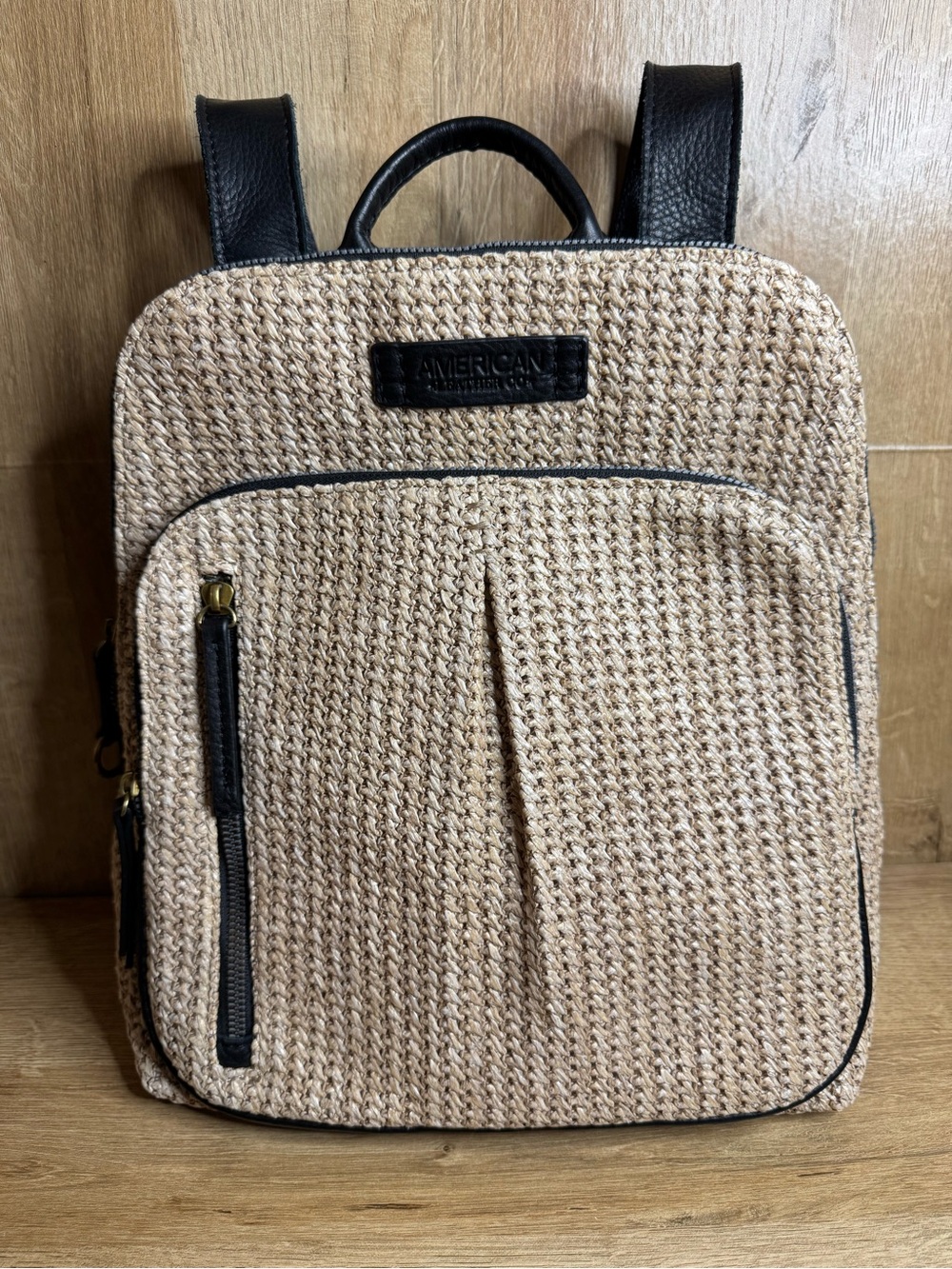 American Leather Co. Woven Straw Raffia Backpack Black Leather Trim